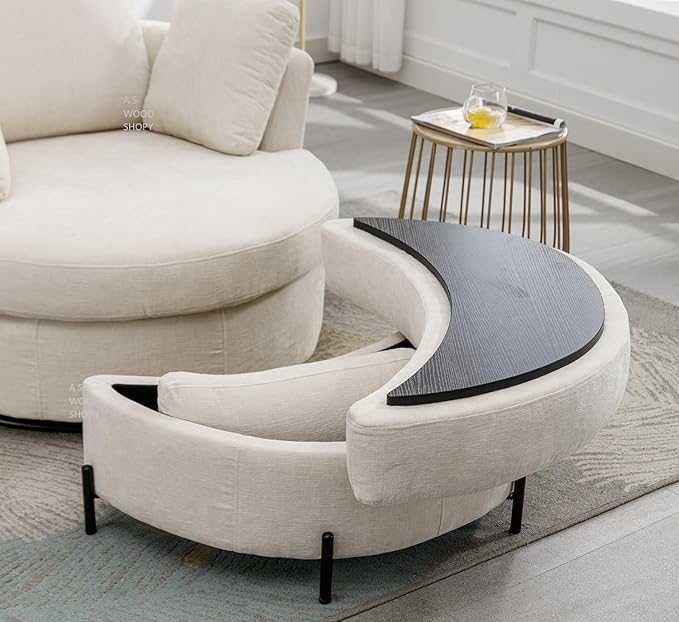 A S WOOD SHOPY 360° Revolving Linen Accent Sofa Chair/Big Round Club Lounge Chair with Storage Ottoman and Pillows for Living Room/Bedroom/Office (Beige1)