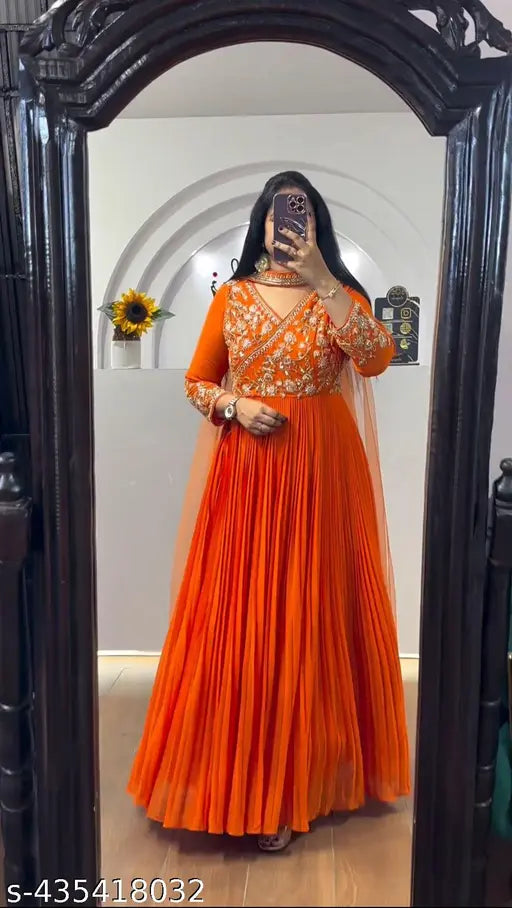 New Designer Flared Embroidered Gown With Dupatta