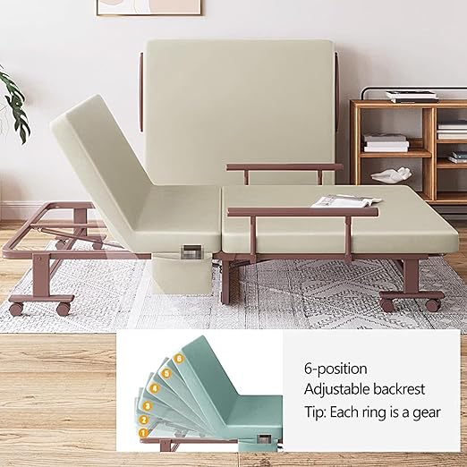 Portable Bed for Adults with 360° Wheels, Emergency Bed, Guest Bed, 6 Speed Adjustable Backrest, Foldable Bed Space Saving Bed (Blue, 190 x 70 x 36cm)