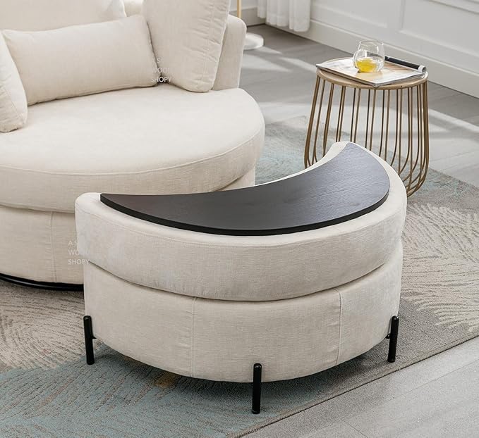 A S WOOD SHOPY 360° Revolving Linen Accent Sofa Chair/Big Round Club Lounge Chair with Storage Ottoman and Pillows for Living Room/Bedroom/Office (Beige1)