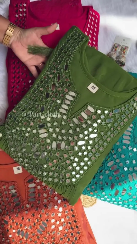 Elegant Mirrored Work Tops in Multiple Colors – Red, Green, Teal, and Orange with Chic V-Neck Design and Detailed Mirror Embellishments, Perfect for Casual and Festive Occasions